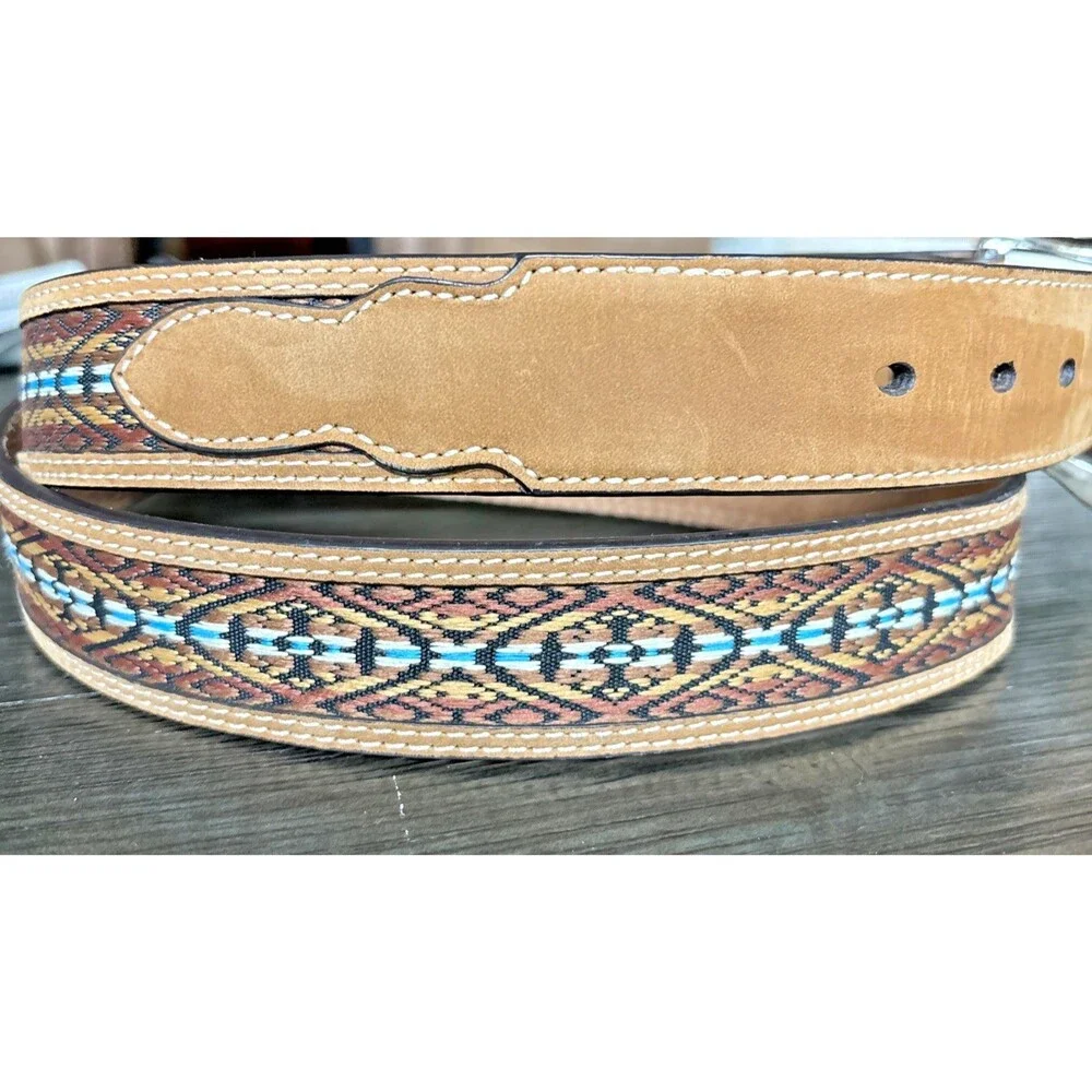 Nocona Leather Belt Men 42 Brown Turquoise Blue Embroidered Overlay N2474844